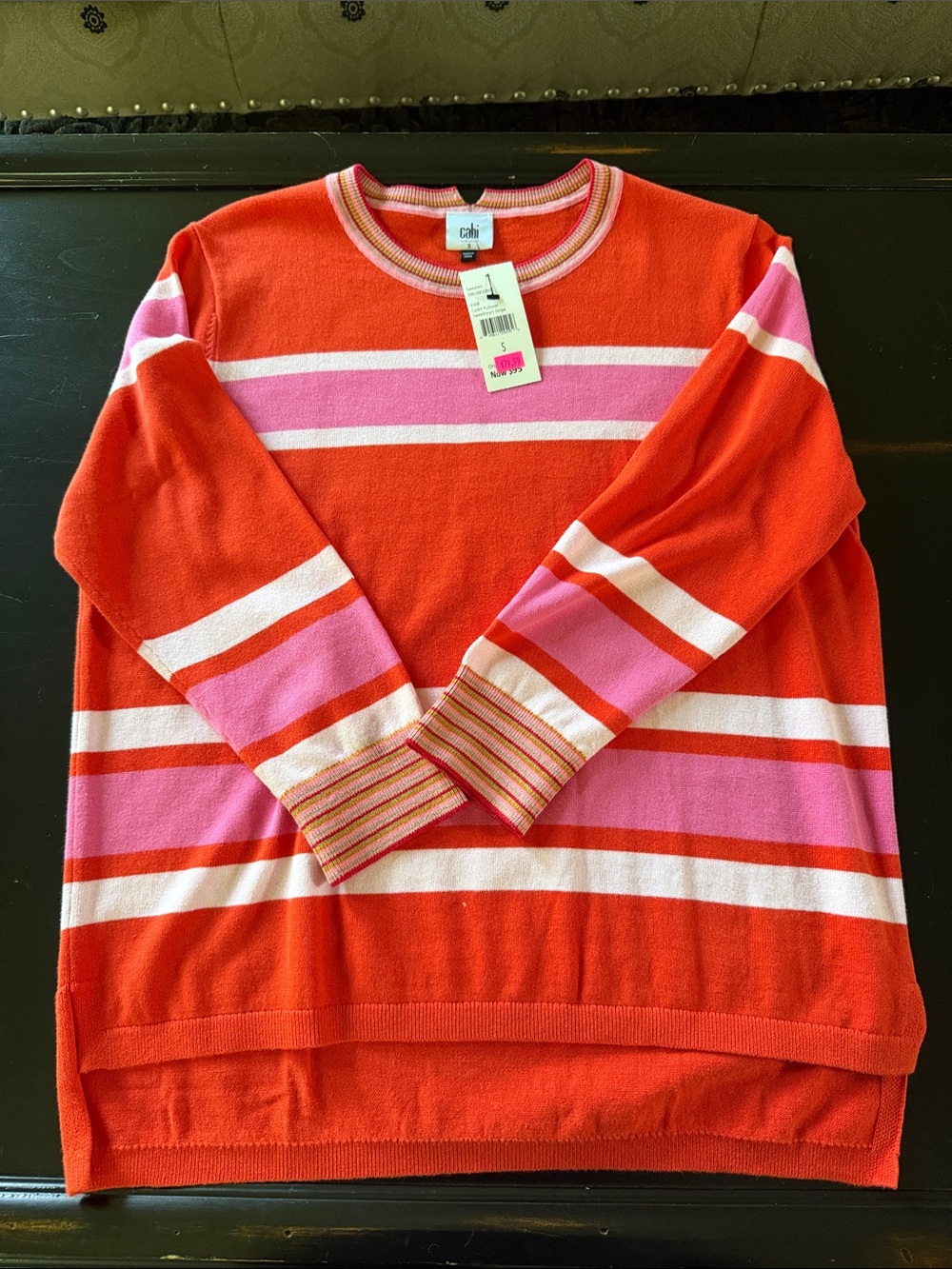 CAbi Striped Cadet Pullover in orange Pink & White